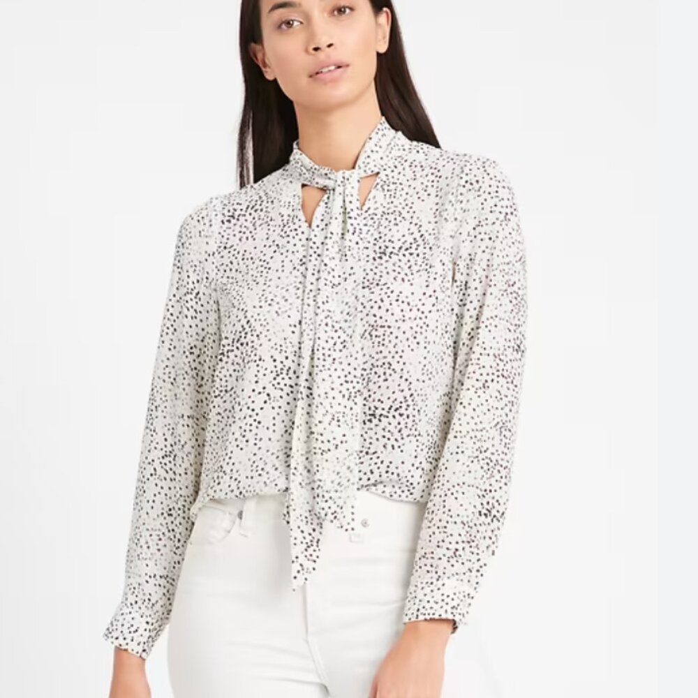 REBECCA TAYLOR Silk Tie Neck Snow Leopard Print Long Sleeve Blouse SZ12 - Picture 1 of 13